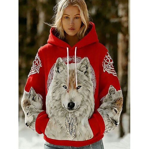 Damen Kapuzenpullover Grafik Tiermotiv Lässig Langarm Mit Kapuze Normale Oberteile Lässig Straße Alltagskleidung Blau Schwarz Rote Grün Herbst Winter Image