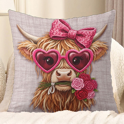 Valentinstag-Kissenbezug mit 2D-Flachdruck, Kuh mit rosa Herzbrille und Rosen Herzen, Wellenmuster, niedlicher rosa Dekokissenbezug, Valentinstagsgeschenk Image