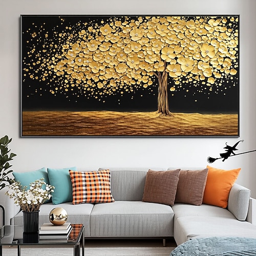 Abstraktes Gemälde eines goldenen Baumes, Leinwand mit goldener Blumenstruktur, goldene und schwarze Baumkunst fürs Schlafzimmer, Acryl-Wandmalerei fürs Schlafzimmer Image