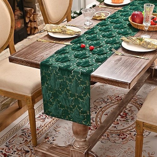 Tischläufer aus Jacquardstoff mit St. Patrick's Day-Motiv, goldenes Herbstlaubmuster, grün mit goldener Umrandung, rechteckige Tischdecke für den Essbereich Hoteldekoration. Image