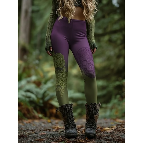 Damen Leggings Gemütliche Leggings Urlaub Vintage Ethno-Stil Volle Länge Hohe Taille Blumen Grafik Drucken Komfort Bequem Dehnbar Lässig Täglich Urlaub Purpur Frühling Herbst Schmale Passform Image