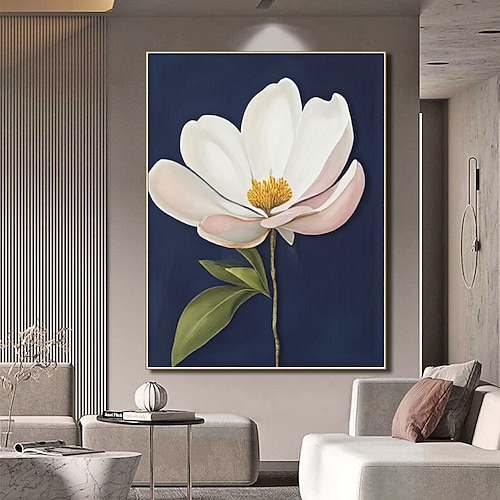 Hochwertiges botanisches Gemälde auf Leinwand, handgefertigt, für Badezimmer, Schlafzimmer und Schlafzimmer. Pflanzenmotive mit Magnolienmotiven in Indigoblau. Image