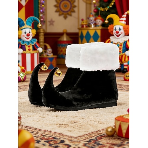 Damen Mardi Gras Grüne Samt-Elfen-Stiefel mit aufrollender Zehe und Glöckchen Neuheit Pelzumschlag Schuhe für Karnevalspartys Cosplay Feiertagskostüme Image