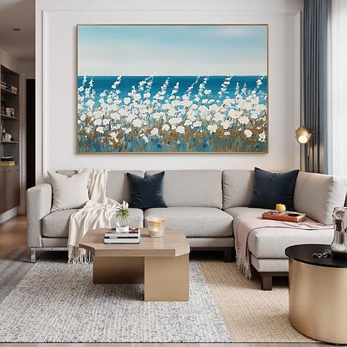 Handgemaltes abstraktes Landschaftsgemälde auf Leinwand, großes Wandbild, Gemälde mit weißen Blumen, individuelles Seestück, moderne Wohnzimmerdekoration Image