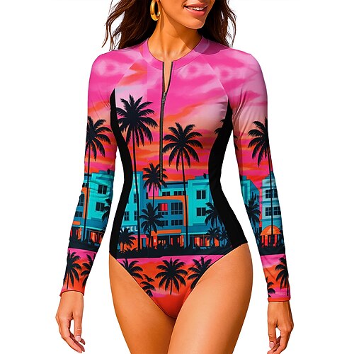 Damen Regulär Anti UV Shirt Badeanzug Badeanzug Bademode Tropisch Farbblockierung mit integriertem BH UPF50 UV Schutz Elastisch Langarm Bademode Bodysuit Surfen Strand Wassersport Sommer Image