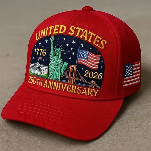Herren-Baseballkappe mit Aufdruck zum 250. Jahrestag der Vereinigten Staaten, Sonnenhut, Trucker-Cap, schwarz/rot, Polyester/Polyamid, verstellbar, patriotisch, Urlaub, Sport, Freizeit, Alltag, Outdoor, Grafik, Flagge, Statue Image