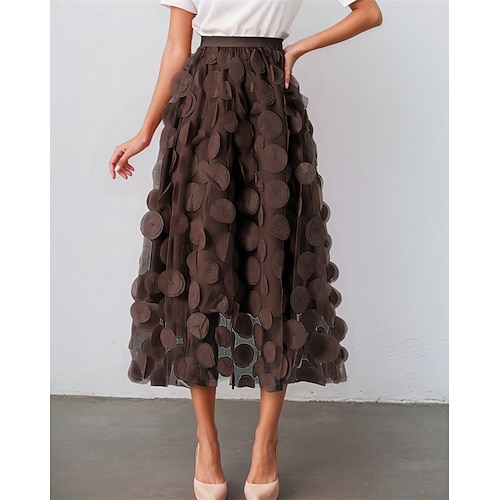 Damen Asiatische Größe Elegant Mode Midi Hohe Taille Röcke Einfarbig Blume Blumen Tüll Mikroelastisch Familientreffen Alltagstauglich Aprikose Weinrot Schwarz Weiß Frühling, Herbst, Winter, Sommer Image