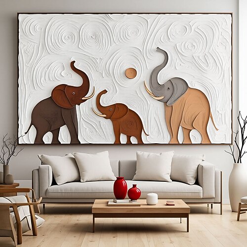 Großformatiges, strukturiertes Tierbild, modernes, handgefertigtes Elefanten-Gipsbild, großformatige, strukturierte, handbemalte Gipskunst, abstrakt, zeitgenössisch Image