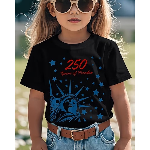 100% Baumwolle Kinder Mädchen Schwarz Grafik Freiheitsstatue 250-jähriges Jubiläum Amerikanische US-Flagge für Kinder T-Shirt Rundhalsausschnitt Kurzarm Urlaub Sport Outdoor Alltagskleidung Aktiv Image