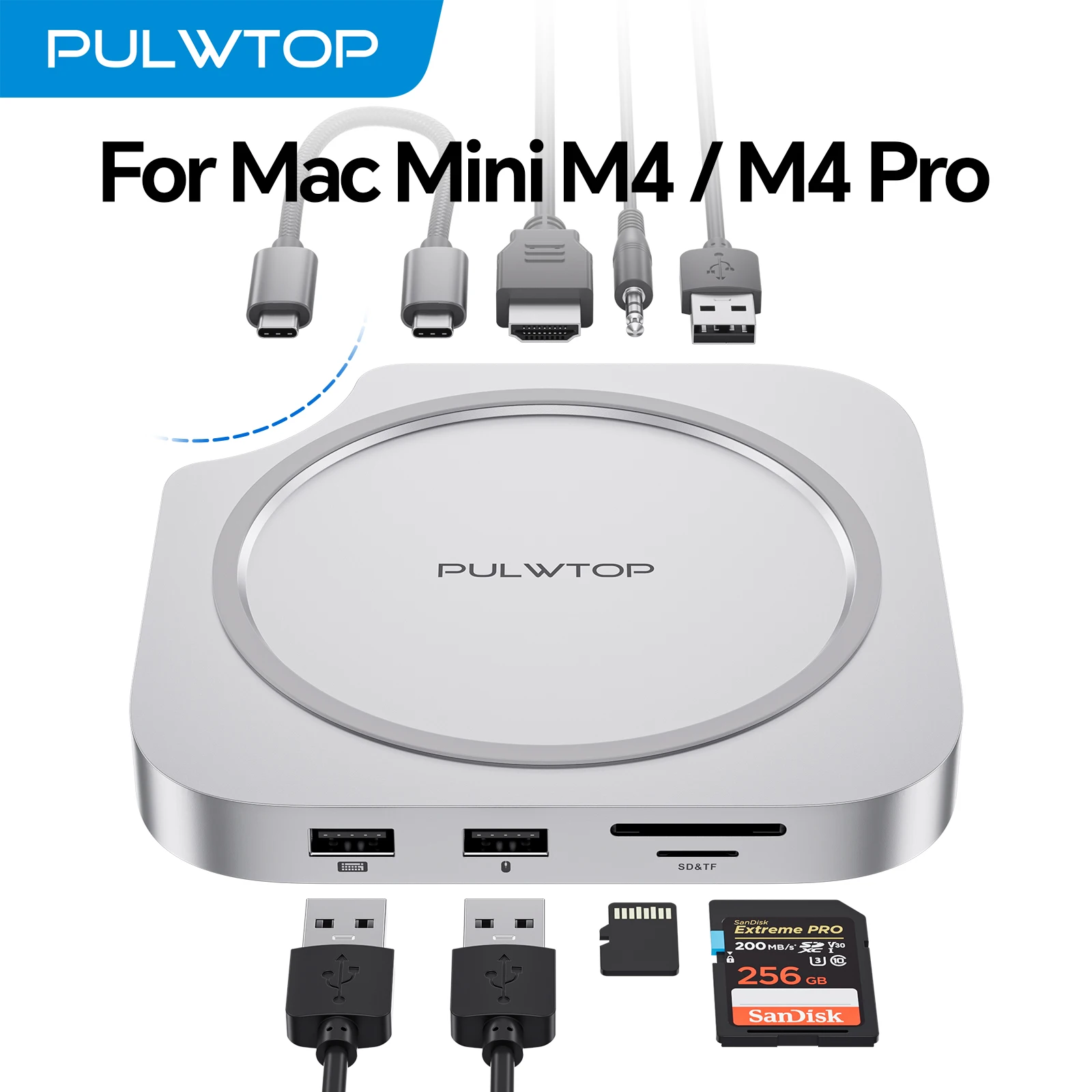 PULWTOP Mac Mini M4 Dock mit 4 TB SSD-Gehäuse mit HDMI 4K 60 Hz, 3 x USB A 2.0, SD/TF, Audio/Mikrofon, für Mac Mini M4/M4 Pro Image