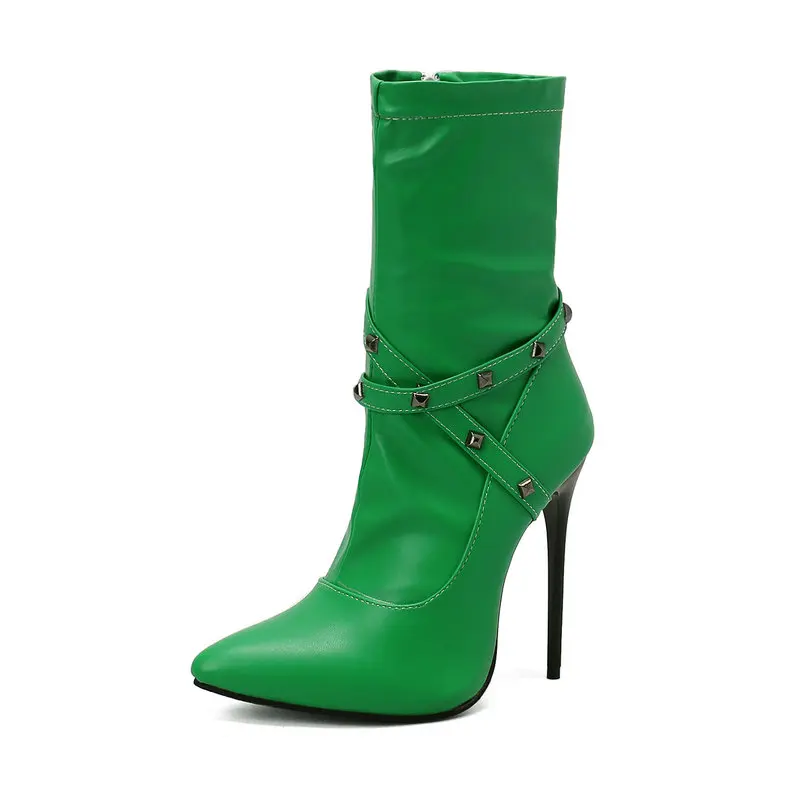 Stiletto Stiefeletten Frauen 12 cm High Heels PU Mode Herbst Winter Große Größe 34-48 Spitz Nieten schmücken Schuhe