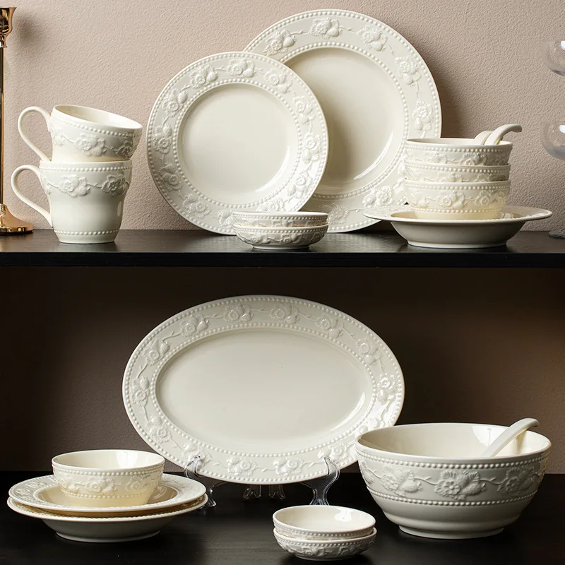 French relief tableware set, ceramic bowl, soup bowl, high-end bowl, tableware, household plate, tableware, tableware