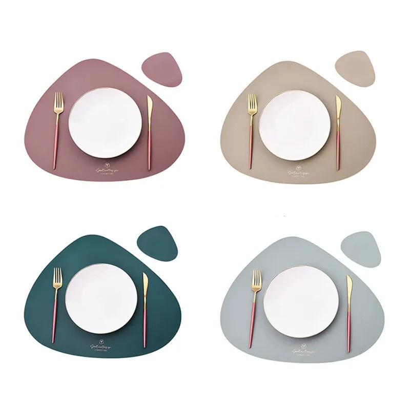 1/4/10 Sets Tischset und Untersetzer-Set, Kunstleder, Dreieck, Geschirr, Matten, Pad, Café-Pad, Lebensmittelmatte, Küchenzubehör, Khaki-Grau Image