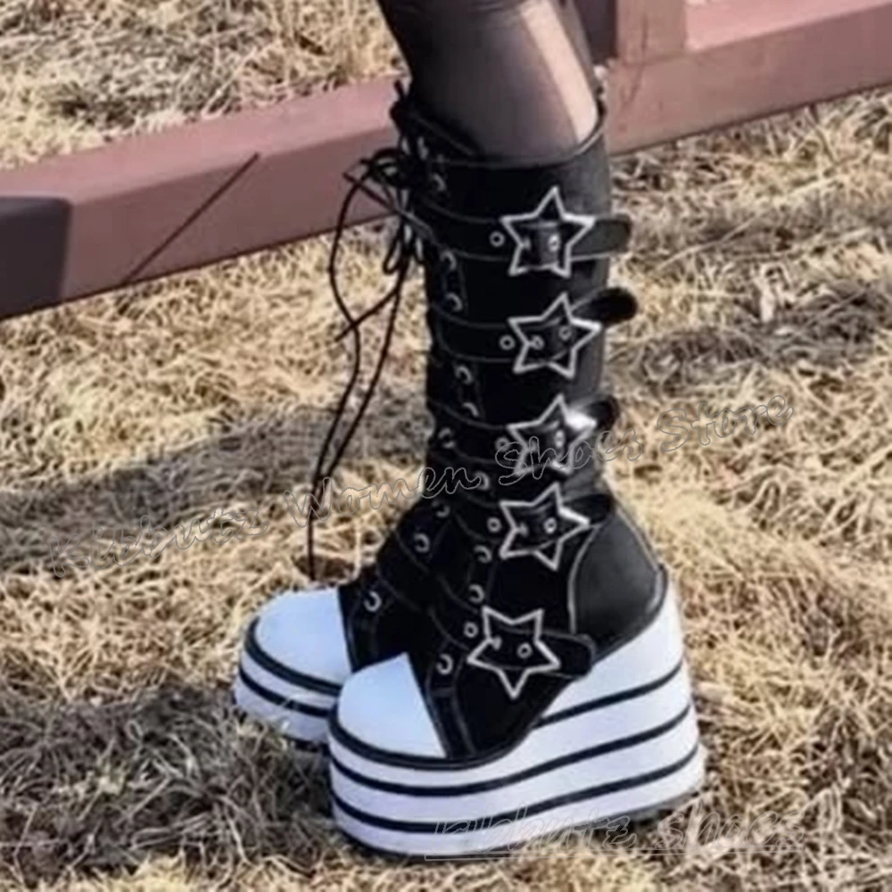 Plattform Kniehohe Stiefel Sneaker Gürtelschnalle Schnürung Runde Kappe Mischfarbe Gothic Rock Punk Mode Luxus Prägnante Damenschuhe