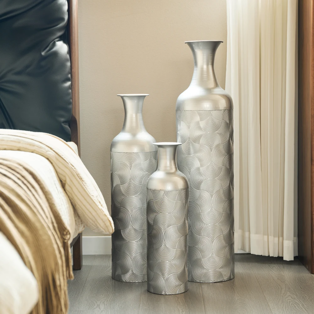 3-teilige Retro-Bodenvasen aus Metall in Weißgold (83/65/50 cm hoch), große dekorative Vasen für Wohnzimmer/Schlafzimmer, passend für Pampas-Zweige Image