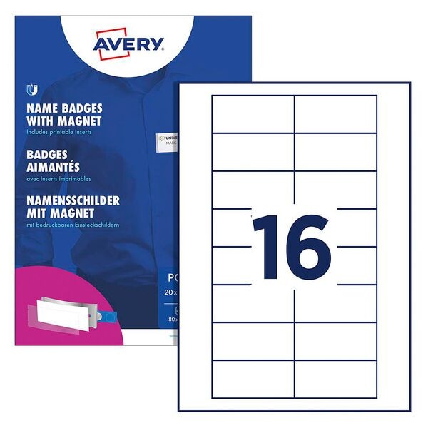 Avery Zweckform Namensschilder mit Magnet 80,0/34,0 mm 20 Stück, 8x3.4 cm Image