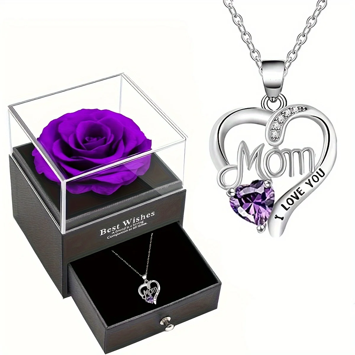 Luxuriöse Seifenrosen-Geschenkbox mit lila Rose und „MOM I Love You“-Halskette mit Herzanhänger – eleganter Jahrestag zum Muttertag