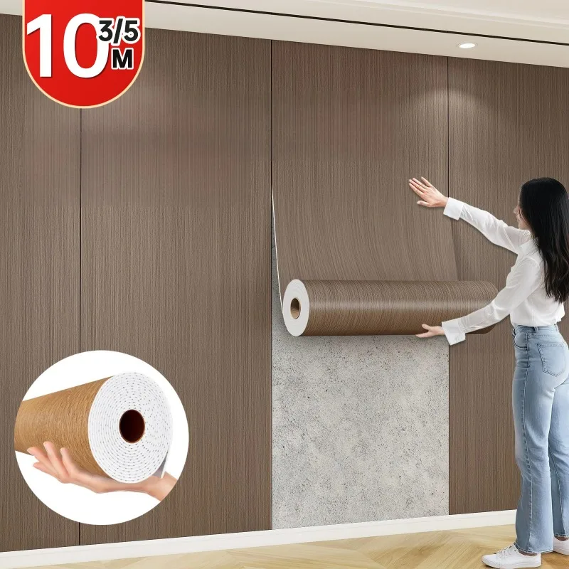 Dicke Schaumstoff-Tapete mit Holzmaserung für Schlafzimmerdekoration, selbstklebende Wandaufkleber zum Abziehen und Aufkleben, 3/5/10 m Image