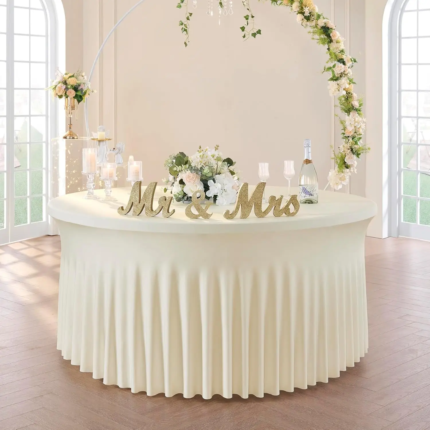 Weiße runde Spandex-Tischdecke für den Tisch, knitterfrei, dehnbar, runde Tischdecken, Abdeckung mit Rock für Hochzeit, Geburtstag, Party