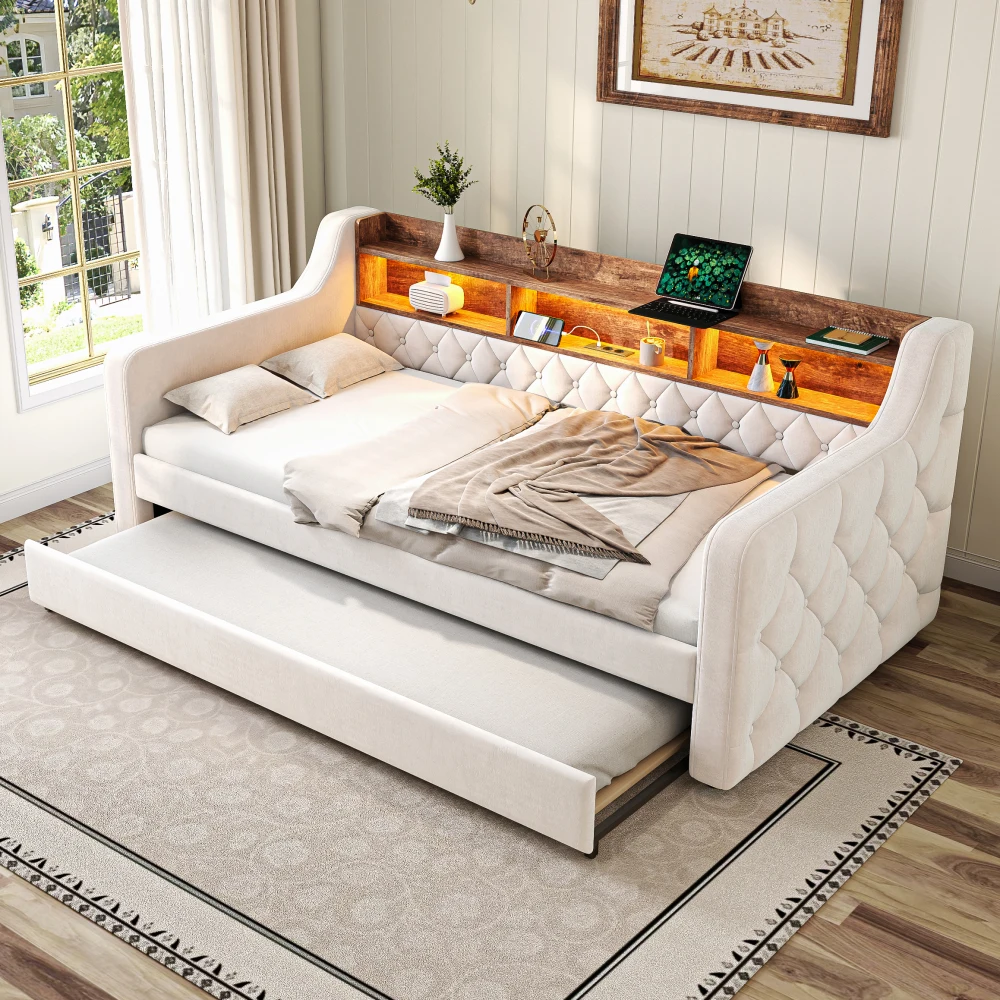 90 x 190 cm großes Schlafsofa aus Samt mit Stauraum, LED-Sfeer- und USB-C-Verbindung, stabiler Metall-Holzrahmen, platzsparend, Schlafzimmer Image