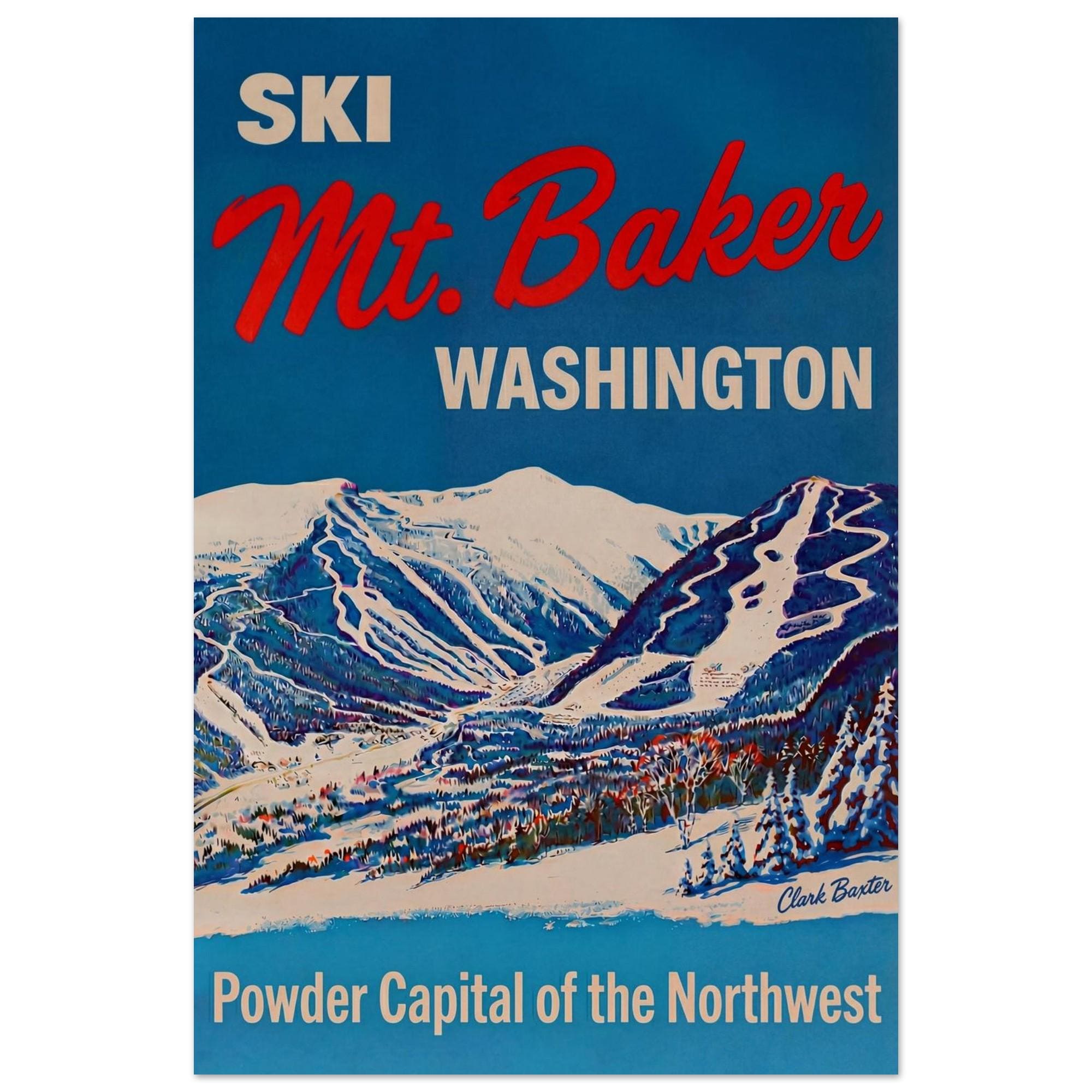 Poster vintage sullo sci del Monte Baker - Arte murale retrò sullo sci, stampa Washington Cascades, decorazione invernale del Monte Baker