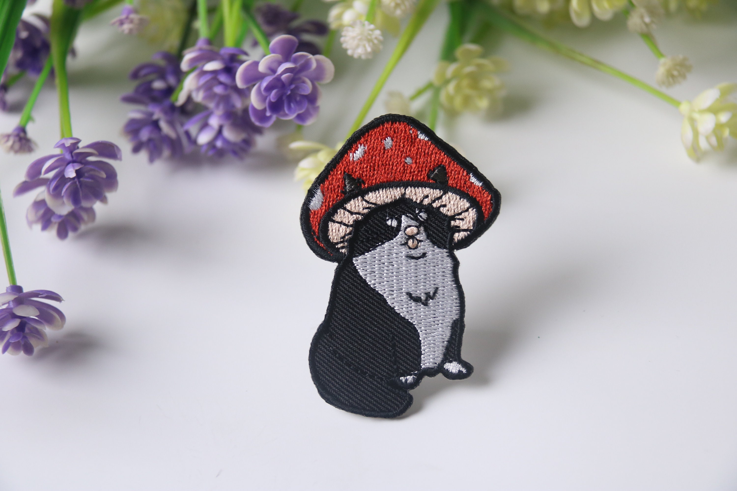 toppa a forma di gatto con fungo, toppa a forma di cappello con fungo, toppa da stirare, toppa ricamata, toppa divertente, toppa cool, per gilet, per