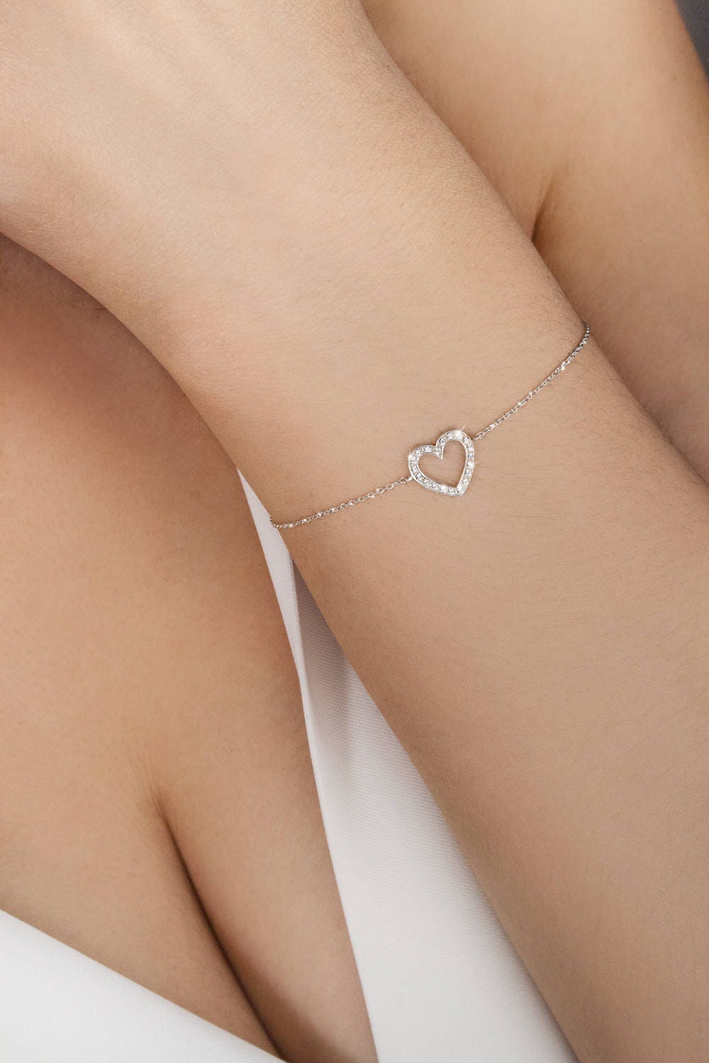 Cuore in oro con diamanti, bracciale in oro bianco 9K 14K 18K, grazioso ciondolo a forma di cuore in oro, diamanti bianchi naturali, regalo romantico