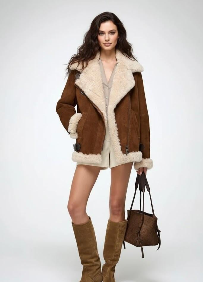 Giacca da aviatore in montone fatta a mano: giacca bomber in vera pelle di pecora marrone vintage per donna