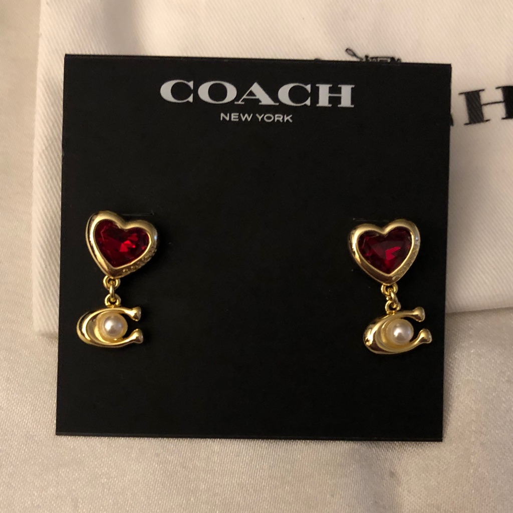 Coach Jewelry | Coach Gold Tone & Red Crystal Heart Drop Earrings Signature C Charm Faux Pearl | Color: Gold/Red | Size: Os