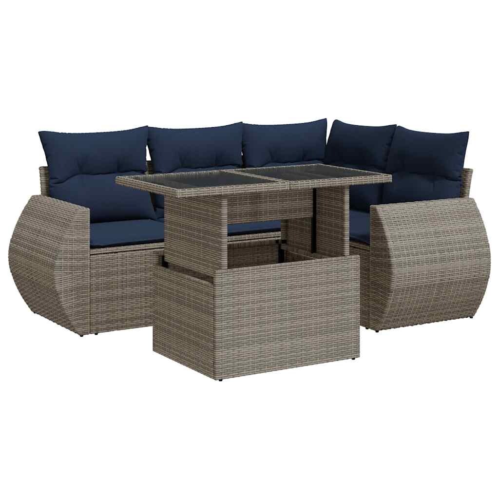 vidaXL 5-tlg. Garten-Sofagarnitur mit Kissen Grau Poly Rattan Akazie Image