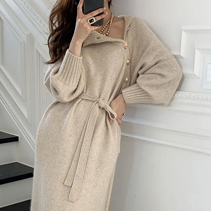 Beige Rollkragen Abend Weibliches Kleid Damen Kleider Lose Maxi Häkeln Schwarz Kleidung Lange Robe Stricken Sinnliche Sexy Strand