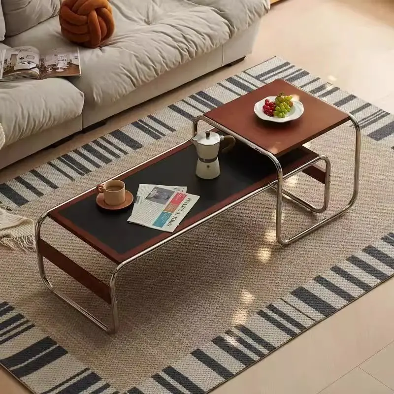 Vintage rechteckiger Couchtisch aus gesintertem Stein, Edelstahl, kleines Wohnzimmer, Couchtische, Wohnzimmermöbel, Mesas