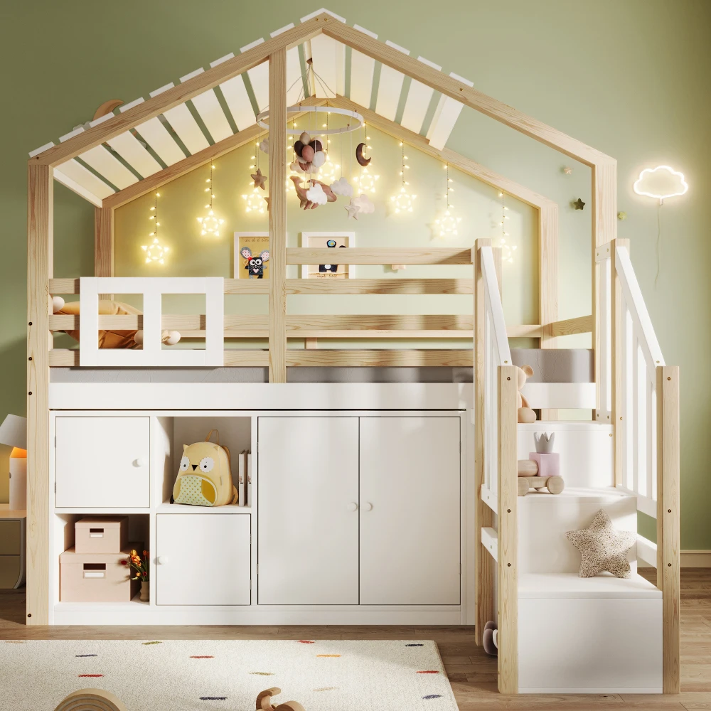 90x200cm modernes Kinderzimmer-Hochbett, mit Fenster und mehreren Schließfächern, Hausform, Bettgitter, Weiß + Natur (ohne Matratze) Image