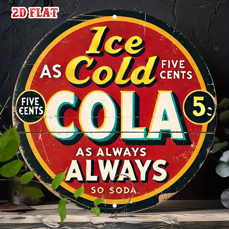 2D flach, 1 Stück Vintage-Soda-Metallwandkunst – Retro-Cola-Aluminiumschild mit „Ice Cold als Cola“-Text, rundes rustikales Dekor für Zuhause, Image