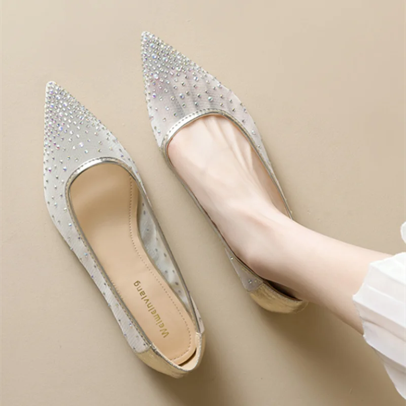 DIMANYU Flache Schuhe für Damen, flach, 2025, neue Mesh-Ballettschuhe für Damen, große Größe, spitze Zehen, Strass, Freizeitschuhe für Damen