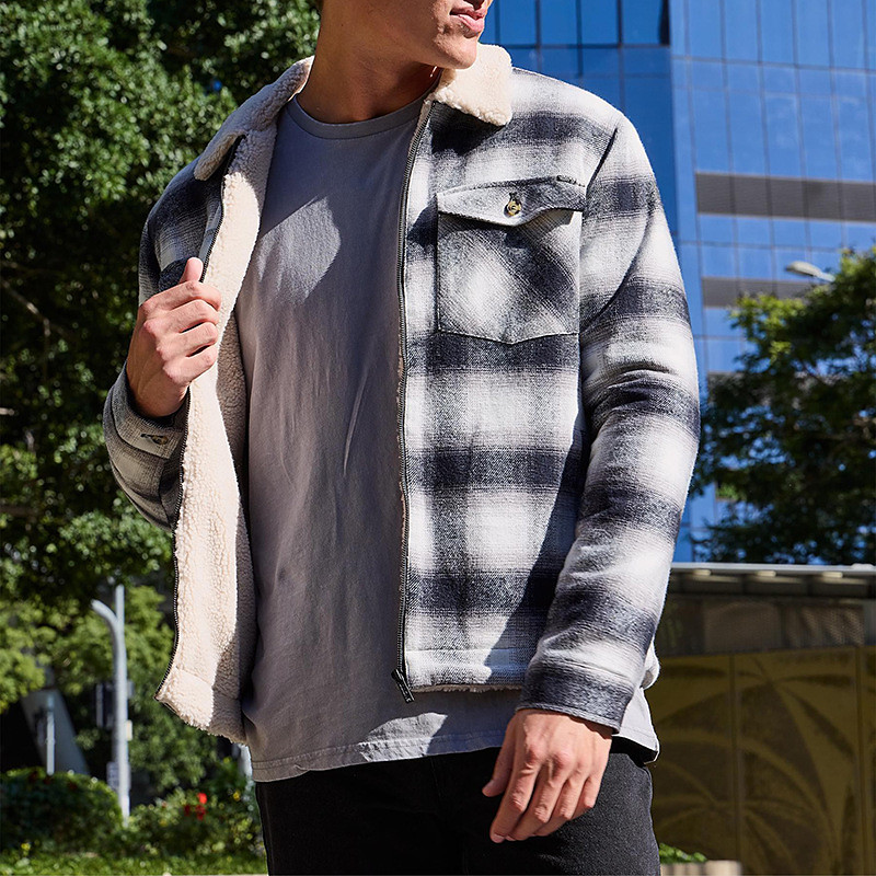 Men's Winter Coat Fleece Jacket Casual Jacket Casual Daily Thermal Warm Pocket Full Zip Fall Winter Fall Winter Plaid Streetwear Daily Turndown Regular Gray Jacket