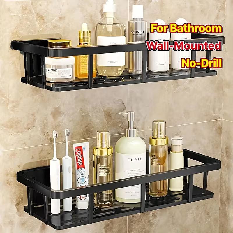 2pcs No-Drill Black Wall-Mounted Shelf - Heavy-Duty Waterproof Plastic Shower Shelving Unit Space-Saving Bathroom Storage Shelf Suitable for Small Bathrooms Easy Installation with Adhesive/Hooks (No