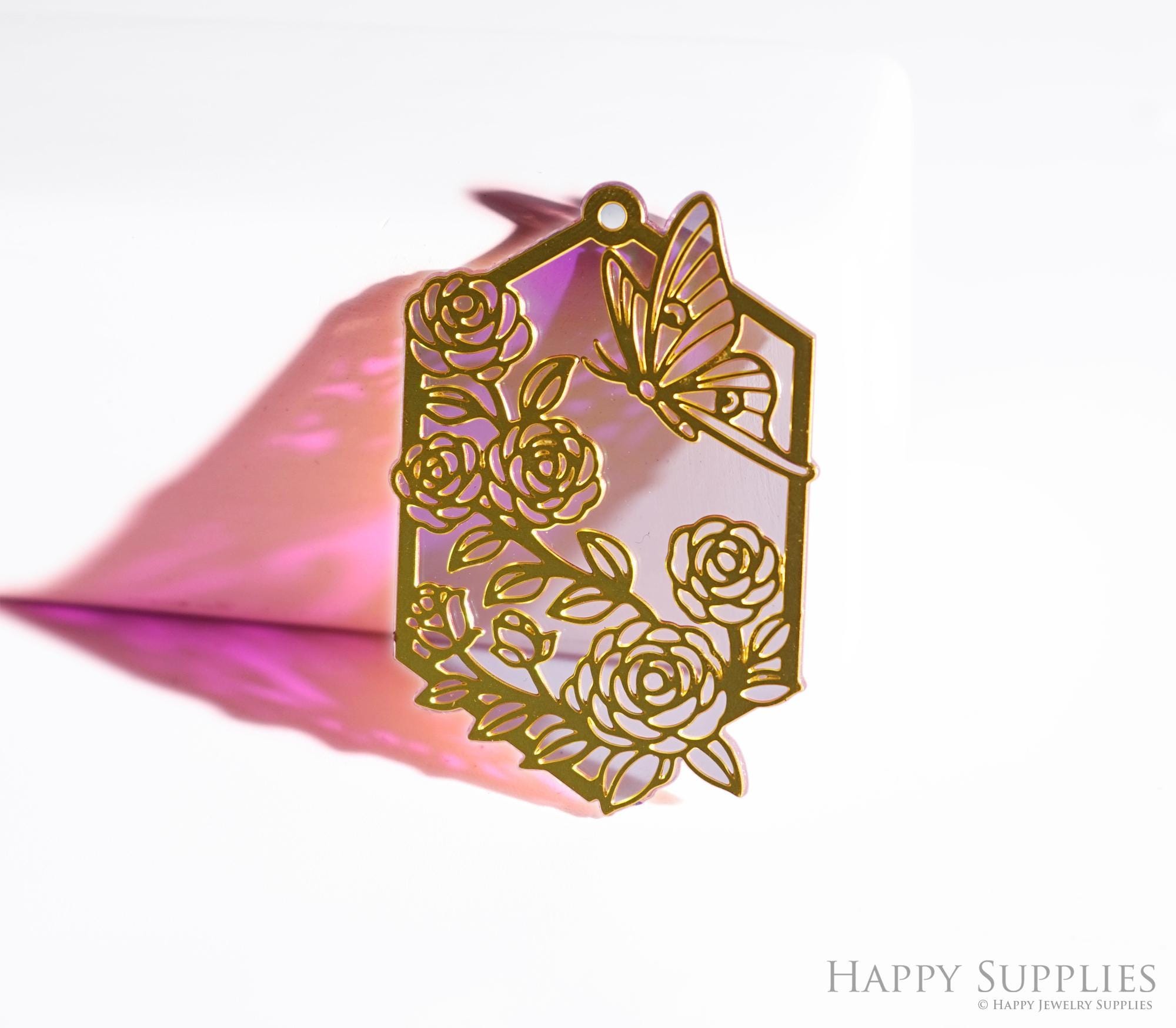 Ciondolo a forma di fiore arcobaleno, ciondolo a forma di prisma in ottone, ciondolo a forma di farfalla iridescente, fiore rosa con connettore a farf