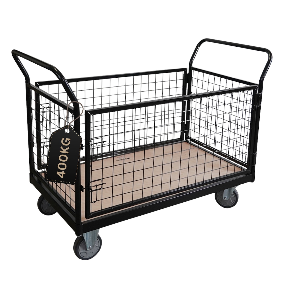 PROREGAL Profi Plattformwagen mit abnehmbaren Gitterwänden 104x135x67 Traglast 400 kg 2 Lenkrollen mit Bremse 2 Bockrollen Schwarz Transportwagen Image