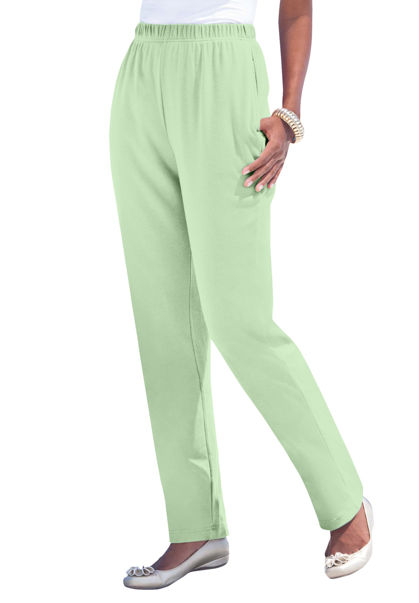 Plus Size Women's Plus Size Straight Leg Soft Knit Pull On Pant by Roaman's in Green Mint (Size L) Pull On Elastic Waist