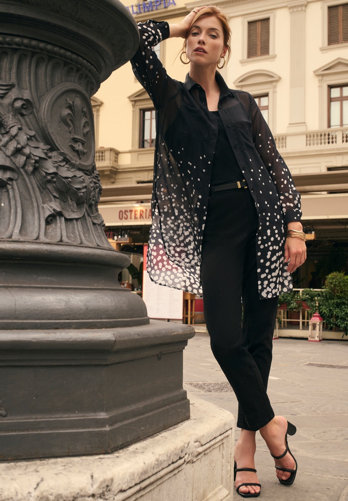 Plus Size Women's Sheer Georgette Mega Tunic by Jessica London in White Dot Border (Size 18 W) Long Sheer Button Down Shirt