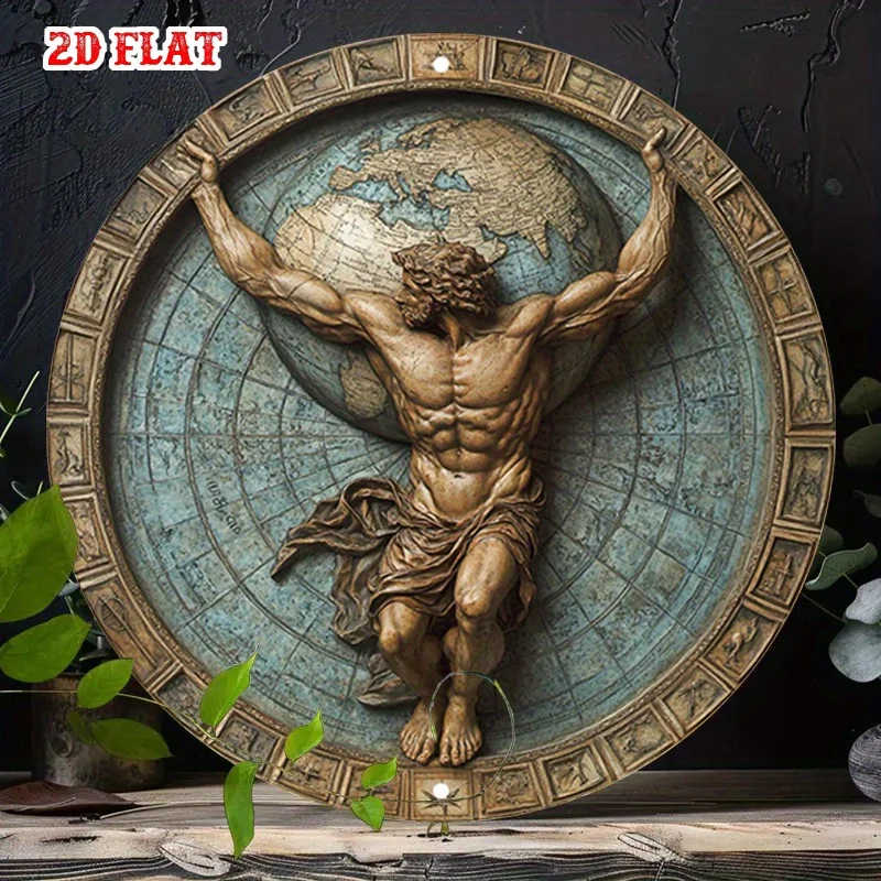 2D Flat 1pc Atlas Rundes Aluminiumschild, Antikes Metallblechschild, Skulptur 7,87X7,87" Rundes Aluminiumschild - The Earth Metal Wall De Image