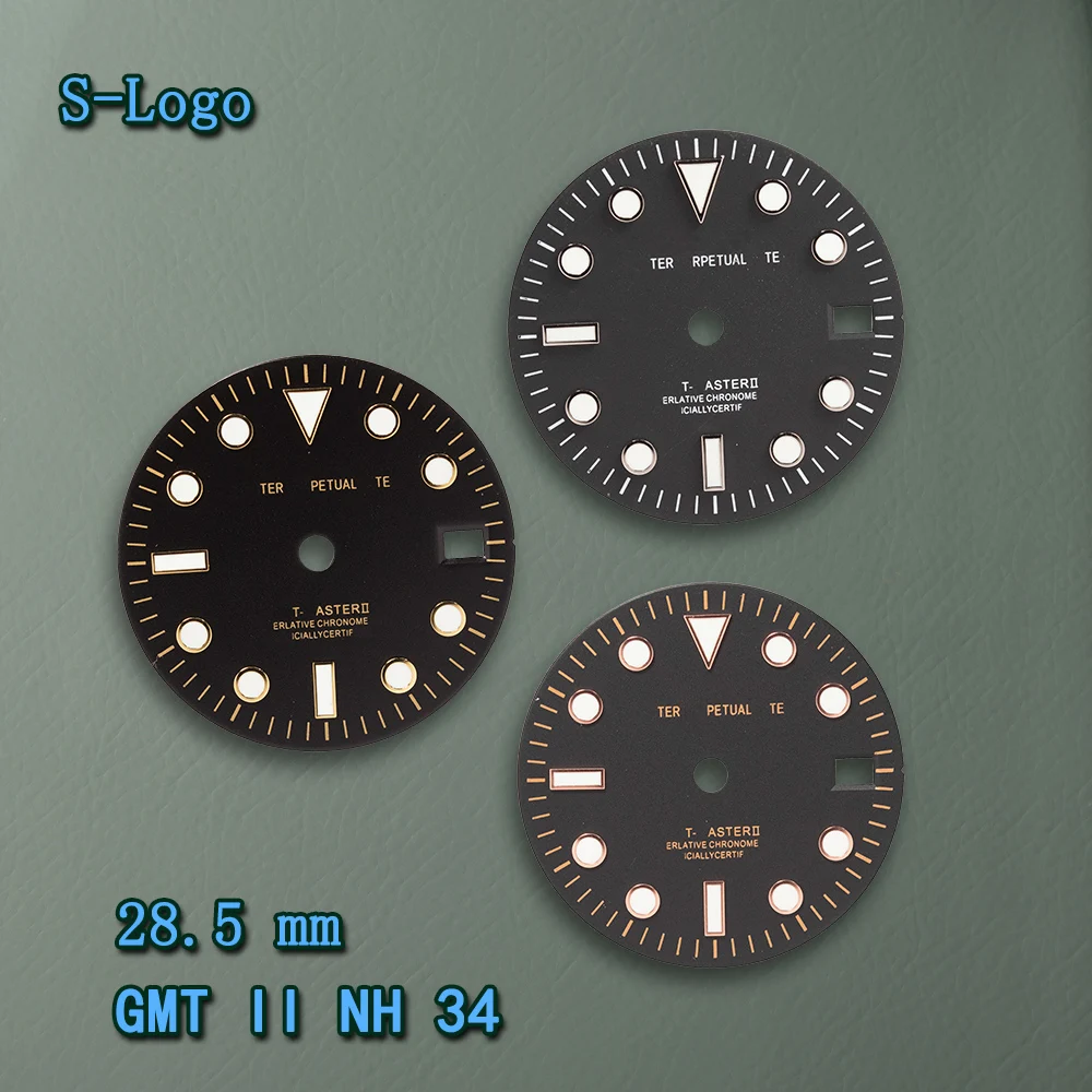 S-Logo, 28,5 mm, GMT-Schwarz-Silber-Index-Zifferblatt, geeignet für NH34-Uhrwerk, grün leuchtendes Uhrenmodifikationszubehör Image