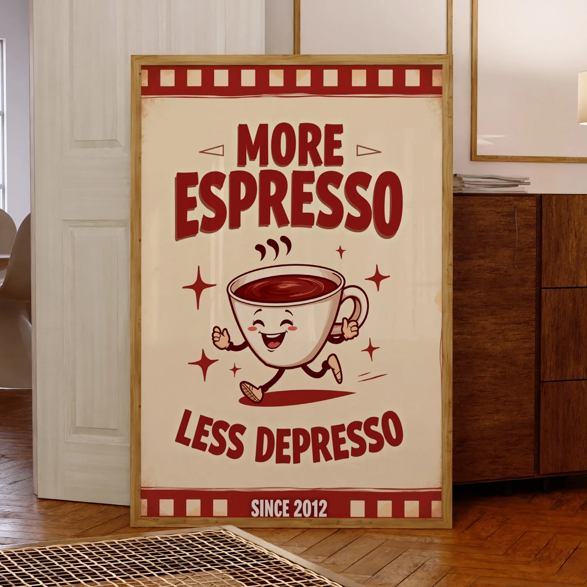 Minimalistischer, mehr Espresso, weniger Depresso-Zitate, rote Wandkunst, Drucke, Leinwandgemälde, Poster, Bild für Wohnzimmer, Heimdekoration Image