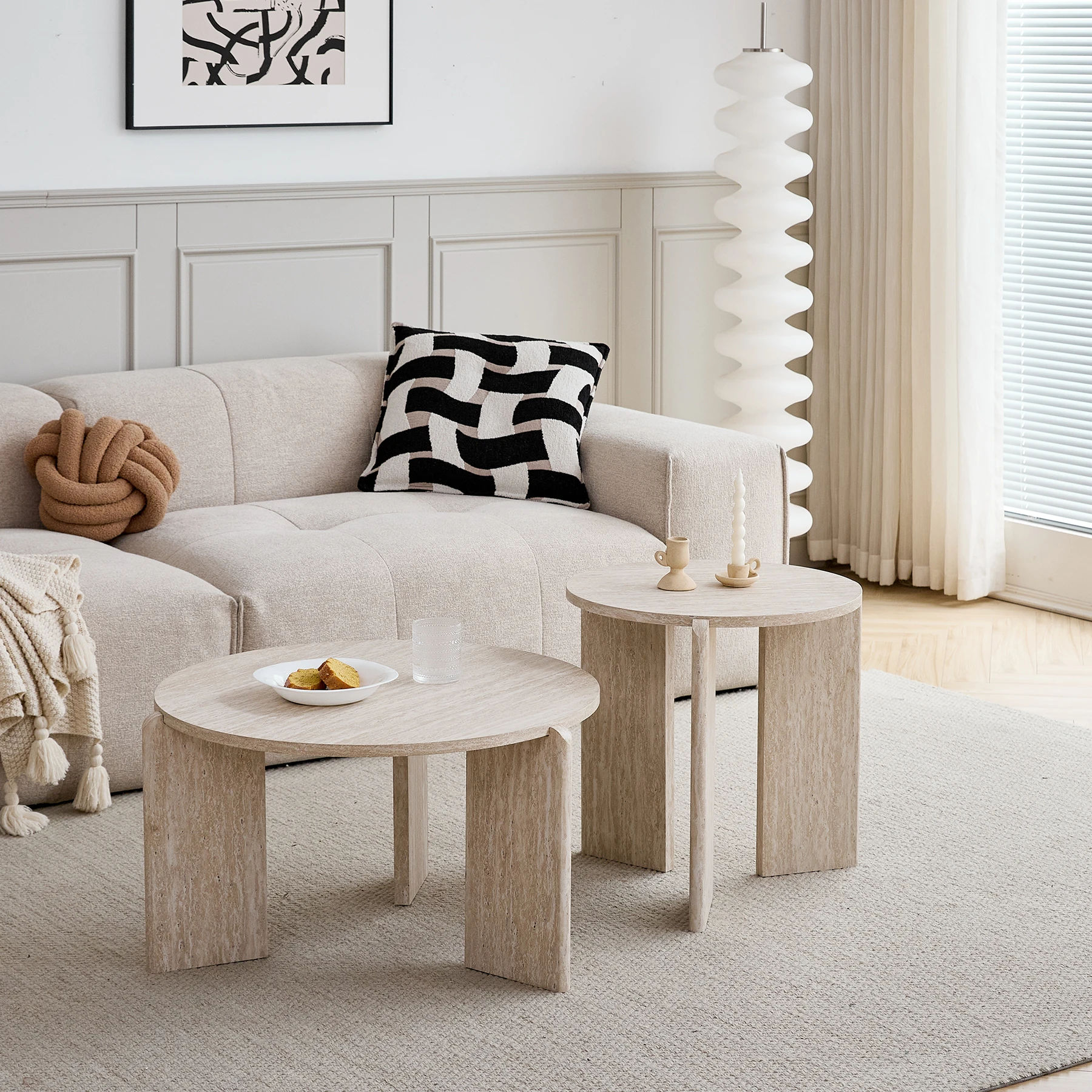 2 Stück moderner, einfacher runder Couchtisch, Dichtheitsbrettmaterial, Wohnzimmermöbel, kreativer Beistelltisch, 70 cm Image