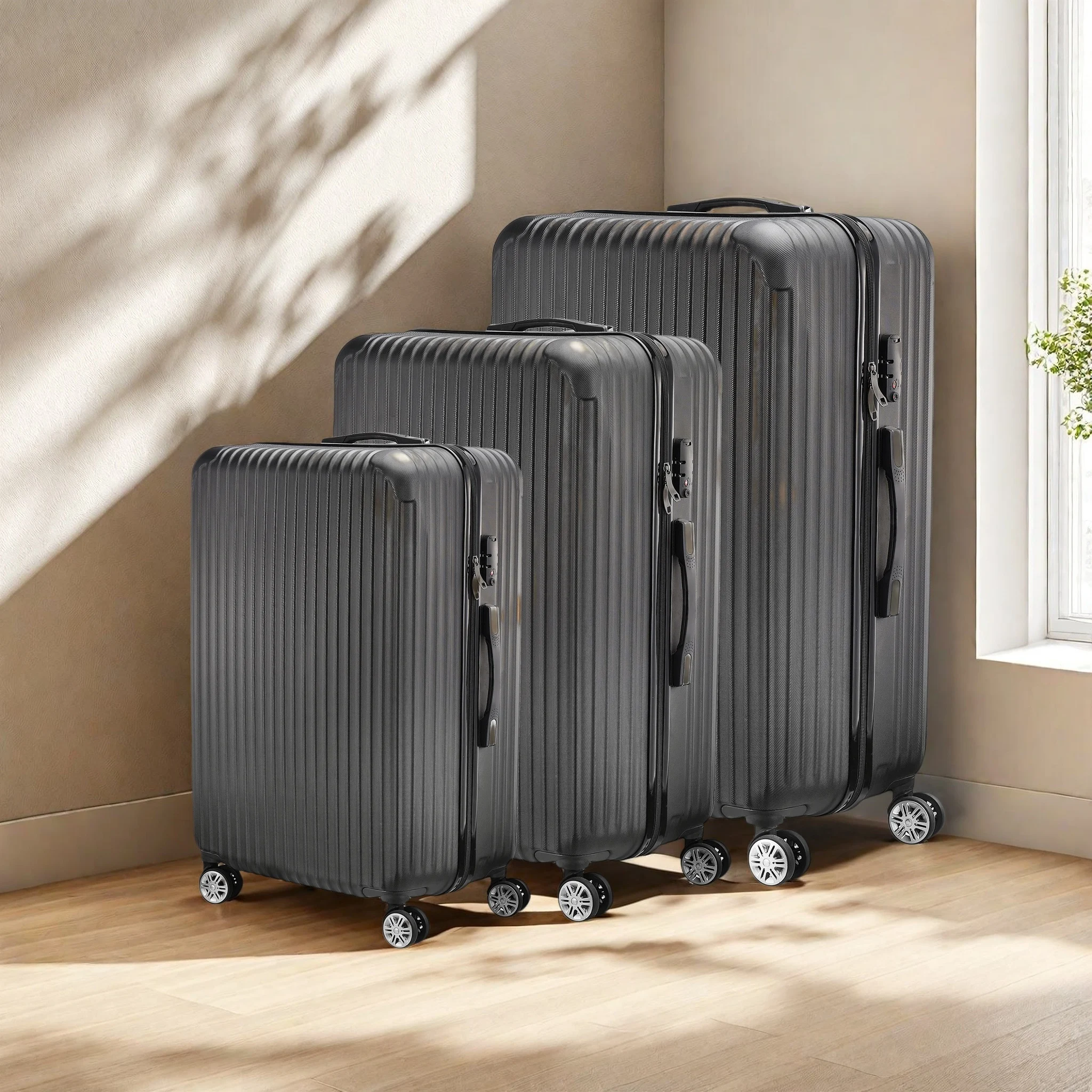 Set di valigie da cabina da 3 pezzi, set di valigie da viaggio, trolley, set di valigie rigide in ABS, dimensioni 20+24+28 cm, set di valigie con manico telescopico, nero