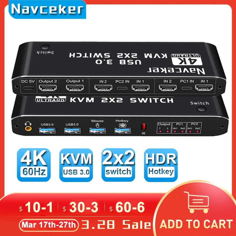Navceker Switch KVM compatibile HDMI 4K 60Hz 2 porte Dual Monitor USB 3.0 KVM Switch 1080P USB KVM Switcher HDMI con porta USB 3.0