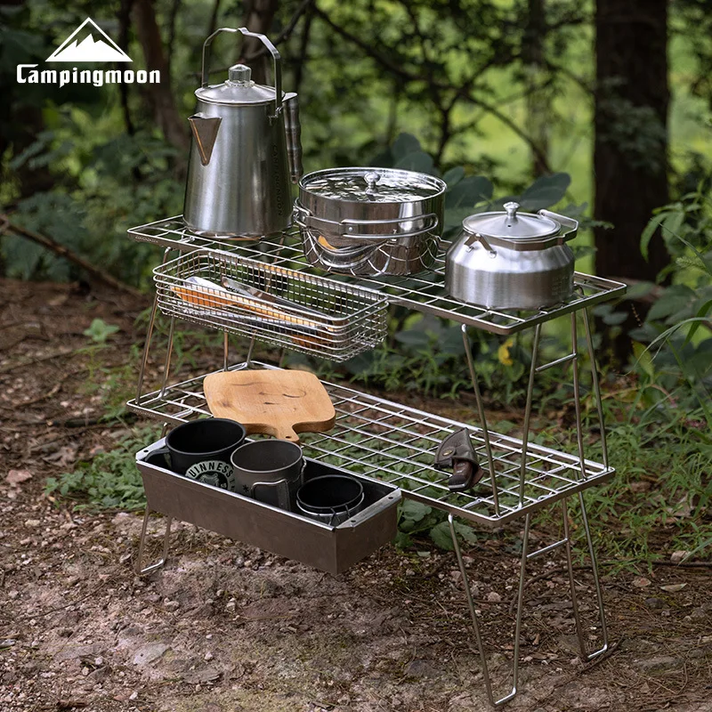 CAMPINGMOON T-225A Camping Edelstahl Mesh Tisch Berg Picknick Kombination Lagerung Rack Tragbare Camping Klapptisch