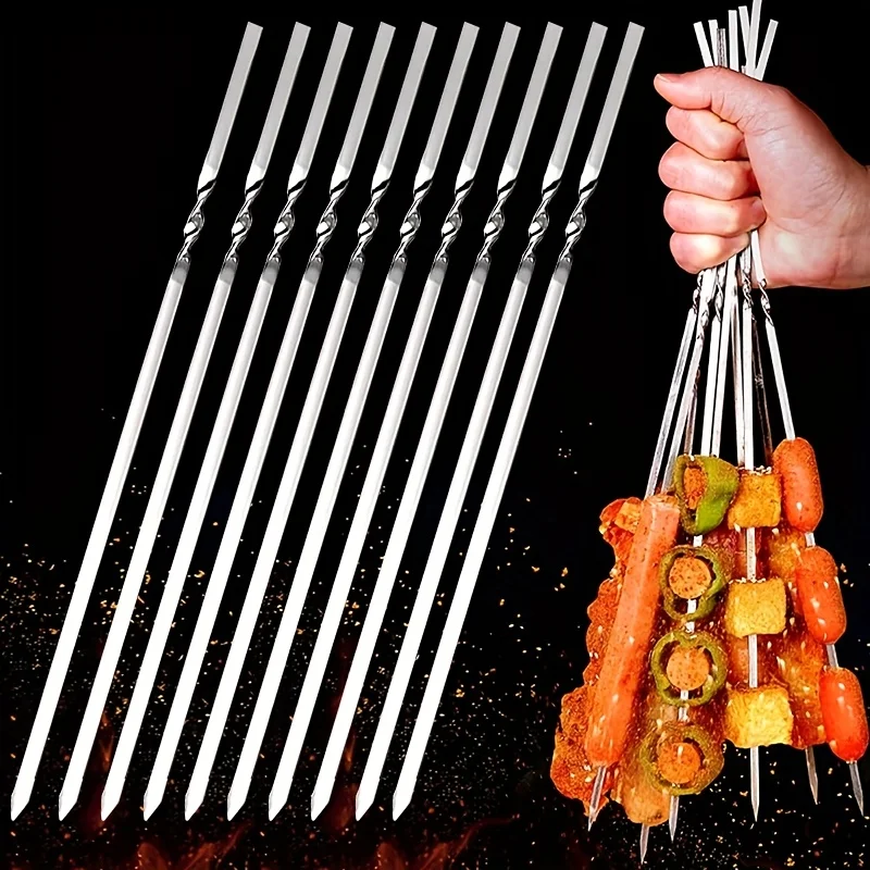 10 Stück Kabob-Spieße, flaches Metall, Edelstahl, Grillspieß, 30,5 cm, Anti-Rolle, robust, Shish Kebob-Sticks, breit, wiederverwendbar, Gri Image
