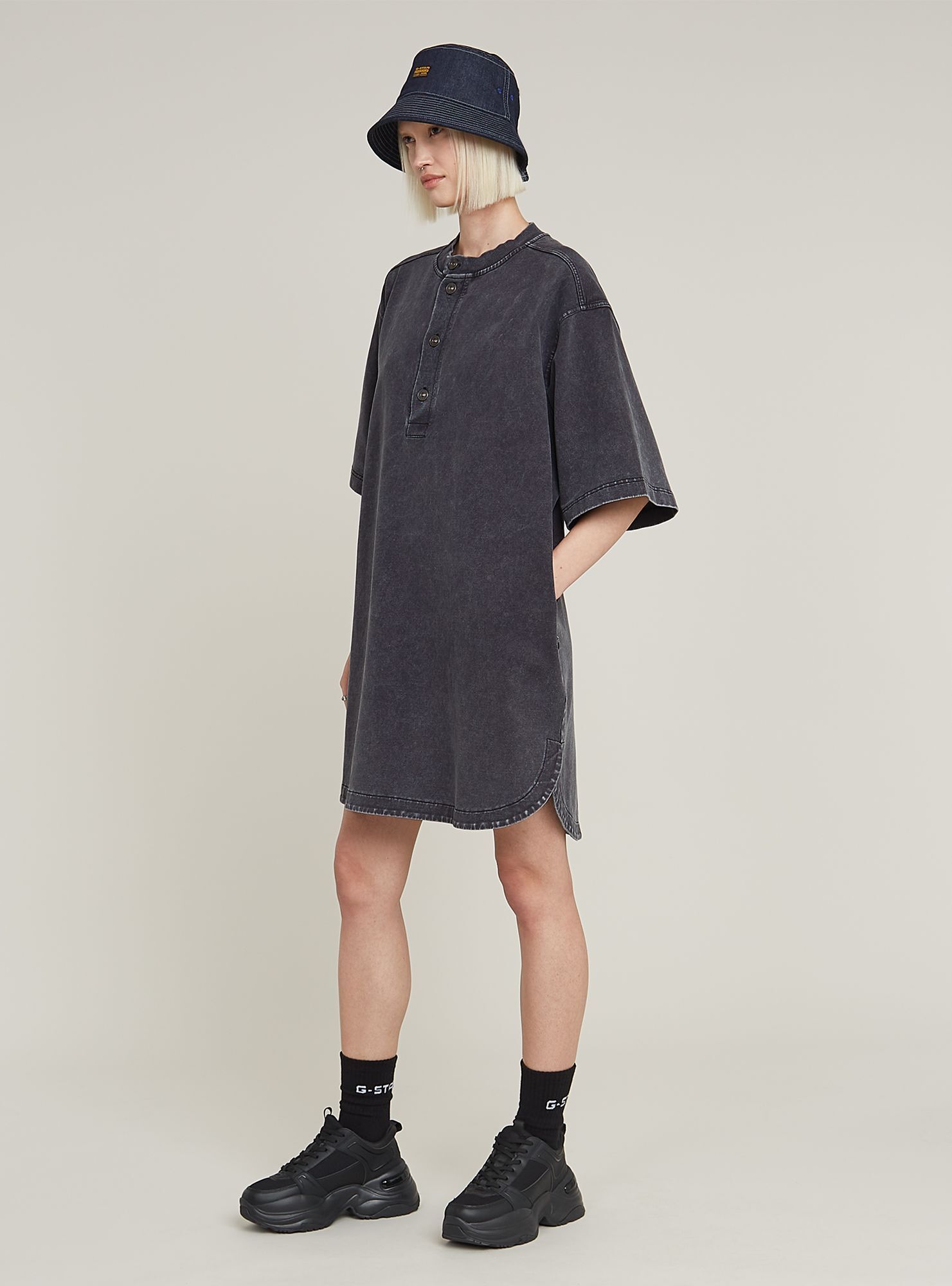 Sweatkleid G-STAR "Balloon Loose Sweater Kleid", Damen, Gr. L, Normalgrößen, dk schwarz marble gd, Obermaterial: 96% Baumwolle, 4% Elasthan, Kleider Sweatkleid